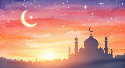 A Serene Sunset Over a Mosqued Cityscape Under a Crescent Moon and Starry Sky
