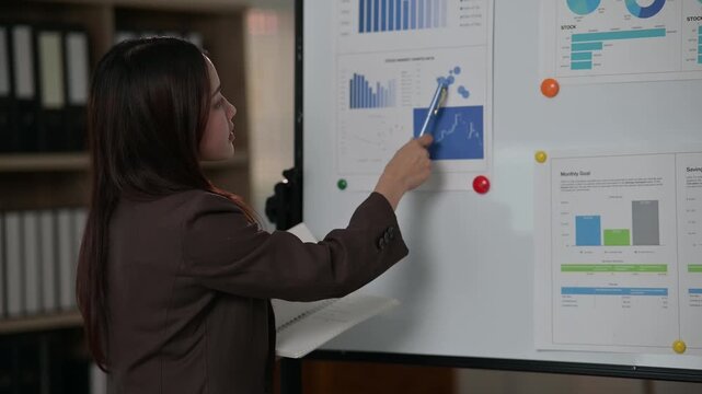 A woman is looking at a white board with graphs and numbers on it. She is reading a notebook and she is thinking