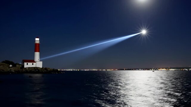 Lighthouse beam sweeping over ocean at night under starry sky with city lights in distance