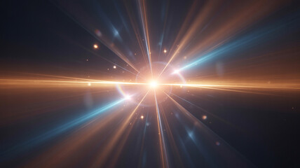 A dazzling lens flare shining in the darkness. light trails on the road at night