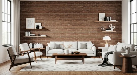 Serene Living Room Design Featuring Comfortable Sofas and Modern Accents with Natural Light Enhancing the Warm Brick Walls
