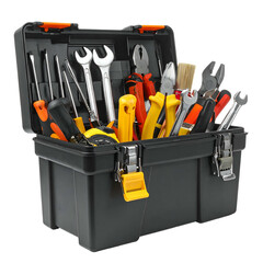 A black toolbox filled with various hand tools, including wrenches and pliers.