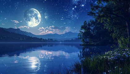 満月が映る静かな湖と山々が織りなす幻想的な夜景4