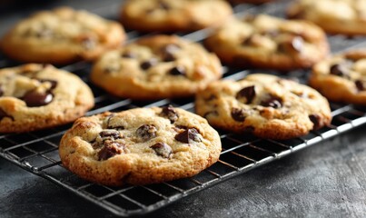 Delicious Chocolate Chip Cookies Cooling on a Wire Rack.