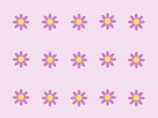 Simple seamless floral pattern with retro pink purple and yellow daisy flowers on a light pink background
