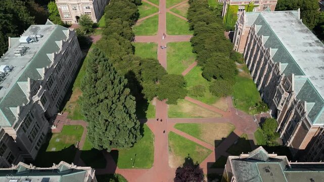 Drone Aerial View of University of Washington Quad with Historic Buildings and Symmetrical Walkways