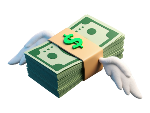 Flying money bundle green dollar bills with wings finance investment economy growth
