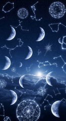 celestial wallpaper, constellations, stars, fantasy night sky, dreamy background, glowing moons, cosmic art, magical universe, ethereal aesthetic, indigo wallpaper