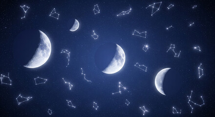 celestial wallpaper, constellations, stars, fantasy night sky, dreamy background, glowing moons, cosmic art, magical universe, ethereal aesthetic, indigo wallpaper