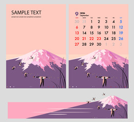 秋の富士山に鴨が飛ぶ風景イラスト,カレンダー表紙デザイン,バナー