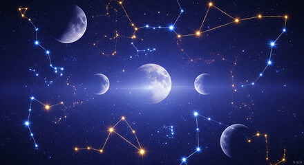 celestial wallpaper, constellations, stars, fantasy night sky, dreamy background, glowing moons, cosmic art, magical universe, ethereal aesthetic, indigo wallpaper