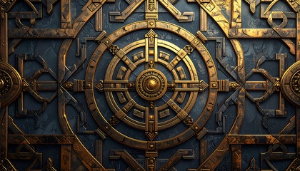 Fototapeta premium An intricate, circular golden mechanism with complex geometric patterns on a dark, textured metallic surface.