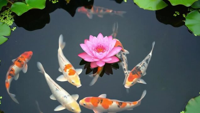 Koi fish swimming around a pink lotus flower in a pond with lily pads and duckweed floating around