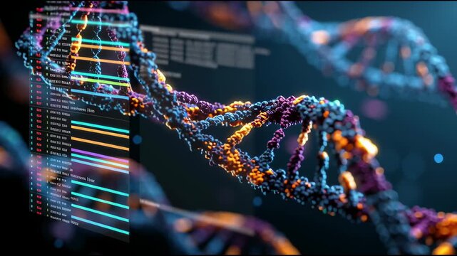 Unraveling the Code of Life: A captivating visual of a DNA strand and data screens illustrates the intricate dance of genetics, innovation and future potential.