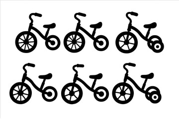 Set of children bicycle icons. Tricycle and balance bike black silhouette. Kids transport symbol collection. First bike for boy or girl. Baby vehicle flat vector illustration.