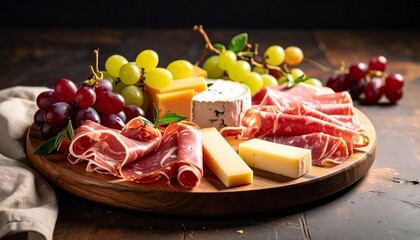 A beautifully arranged charcuterie board featuring cured meats, assorted cheeses, and fresh grapes on a wooden platter.