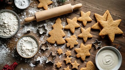 Gingerbread cookies with rolling pin, flour, and icing ingredients arranged on a rustic wooden table for holiday baking - Powered by Adobe