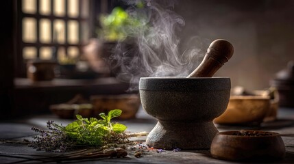 Traditional Mortar and Pestle with Herbs and Steam in Rustic Setting