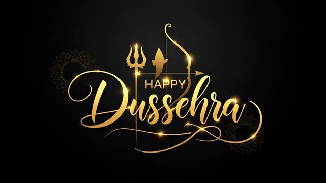 Elegant Golden Dussehra Festival Greeting Design with Traditional Symbols and Calligraphic Lettering on a Dark Background, Ideal for Festive Celebrations
