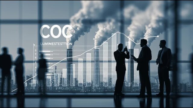 Corporate Climate Concerns: Business figures observe a distressing display of environmental pollution, symbolized by billowing smokestacks and a declining graph.