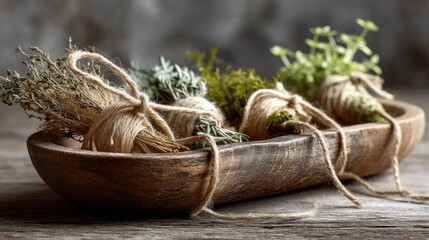Fresh Herbs in Rustic Wood Bowl with Twine Ties on Wooden Table