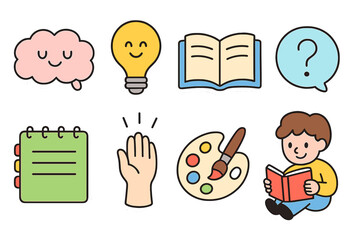 Creative learning & education sticker set. Cute cartoon icons for brainstorming, reading, art. Idea generation, inspiration, knowledge & creative thinking vector illustrations.