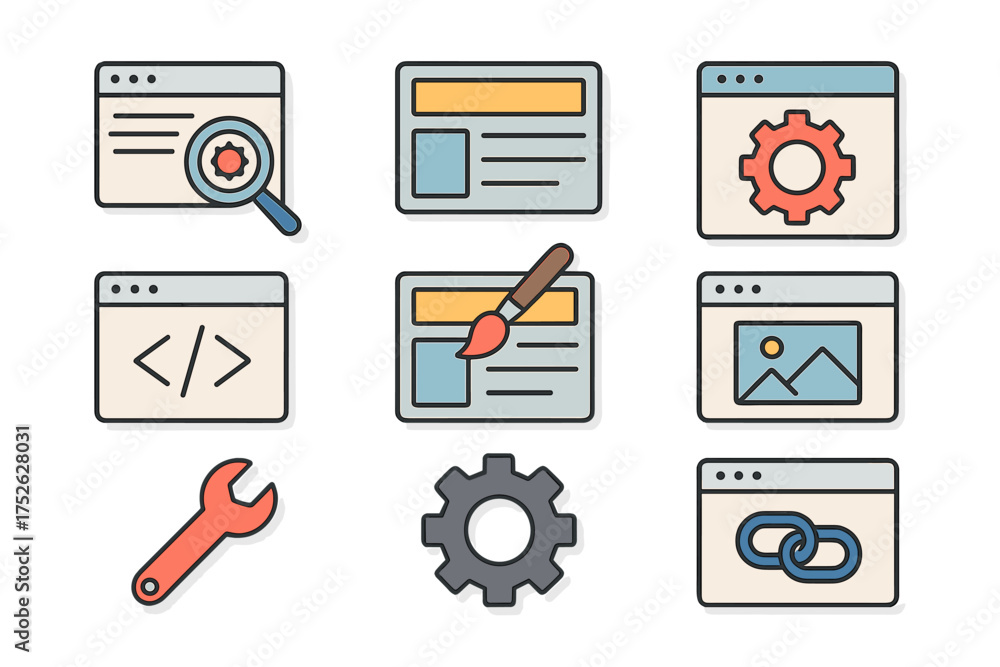 Wall mural flat web design & development icon set. vector pictograms for page optimization, seo, ui design, cod