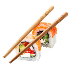 Two fresh sushi rolls with salmon and chopsticks on black.