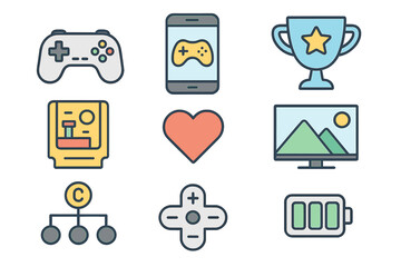 Video game icon set. Flat line color icons for mobile gaming, apps, websites. Computer game elements like gamepad, trophy, retro cartridge, d-pad, and battery pictogram.