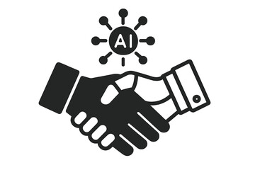 Human and robot handshake with AI icon. Concept for collaboration, partnership and synergy between people and artificial intelligence. Future of technology and automation.