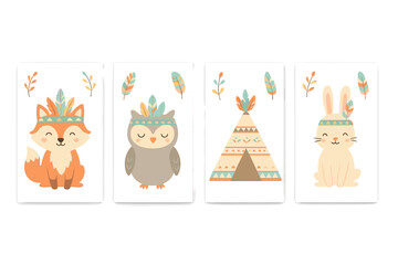 Obraz premium Cute boho tribal animals vector set. Cartoon fox, owl, rabbit with feathers and teepee. Scandinavian nursery wall art. Kids party invitation poster template.