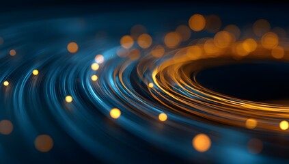 Abstract swirling luminous energy trails with glowing bokeh lights creating a dynamic and futuristic visual effect on a dark background
