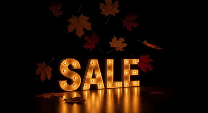 Illuminated sale marquee sign with falling autumn leaves against a dark background, evoking a seasonal promotion