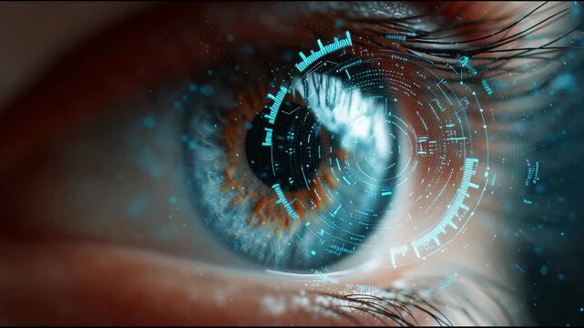 Eye of the Future: A close-up shot showcasing a human eye, overlaid with high-tech digital interfaces, symbolizing vision, progress, and technological advancements.