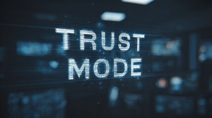 Obraz premium Illuminated text reading 'TRUST MODE' in a modern, tech-inspired setting.