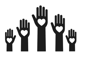 Obraz premium Raised helping hands with hearts icon. Vector graphic for volunteering, charity, voting, and assistance. Concept of community, unity, support, donation, love, and social work.