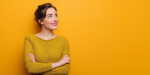 Obraz premium Model's head raised and looking forward,smiling,arms crossed,copy space,yellow background,banner