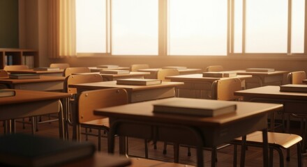 Golden Hour Light Fills An Empty Classroom With Rows Of Desks And Books Underneath The Windows