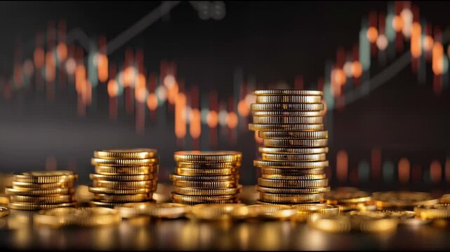 Financial Growth: Illustrates stacks of gold coins representing financial progress and growth in an abstract concept against an image of a trading chart.