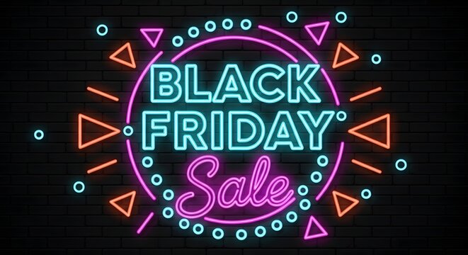 Black friday sale neon sign with colorful lights and geometric shapes on a dark brick wall background, representing shopping and discounts