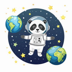Fototapeta premium Adorable cartoon panda astronaut exploring the vastness of space amidst twinkling stars and orbiting planets, embodying a playful concept of cosmic adventure and discovery