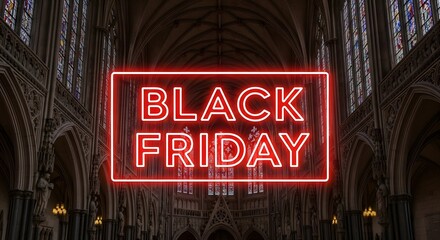 A bright red neon sign displaying the words black friday is illuminated inside a grand, gothicstyle building, creating a striking contrast between modern commerce and historical architecture