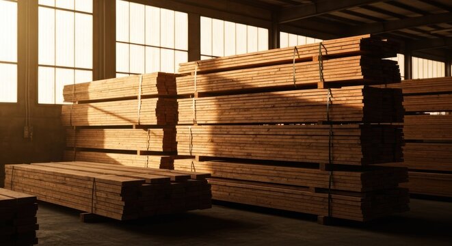 Stacked lumber piles, natural light, inside warehouse with large windows