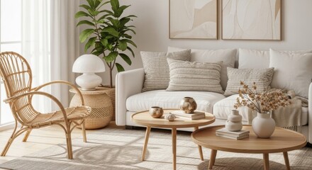 Serene Living Room with Natural Textures and Warm Neutral Tones Creating a Cozy Bohemian Ambiance for Relaxation and Comfort
