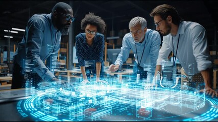 Visionary Collaboration: A focused team of experts huddled together, intently examining an illuminated projection of digital blueprints, representing innovative design and collaborative work. 