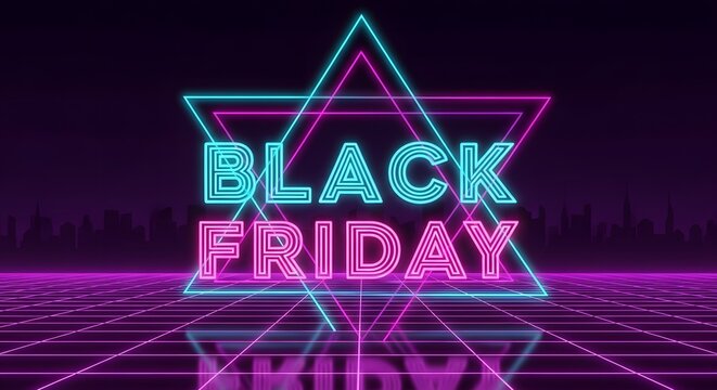 Retro neon sign glowing with black friday text in cyan and magenta, set against a dark purple background with a digital grid floor, evoking a vintage 80s aesthetic for sales and promotions