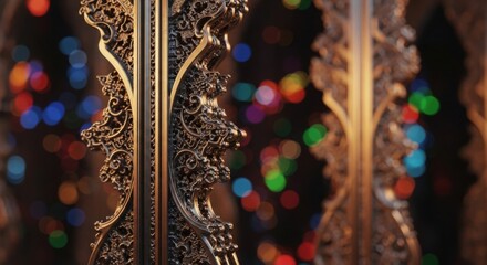 Intricate Ornate Metalwork Framing a Festive Blurry Background of Colorful Lights Evoking a Sense of Grandeur and Celebration