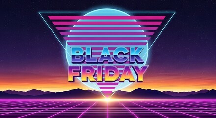 Retro 80s style black friday sale graphic with neon grid, triangle, and sunset