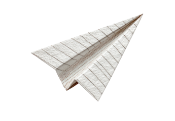 Striped paper airplane with precise folds, isolated on a dark background