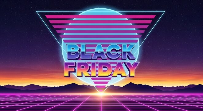 Retro 80s style black friday sale graphic with neon grid, triangle, and sunset